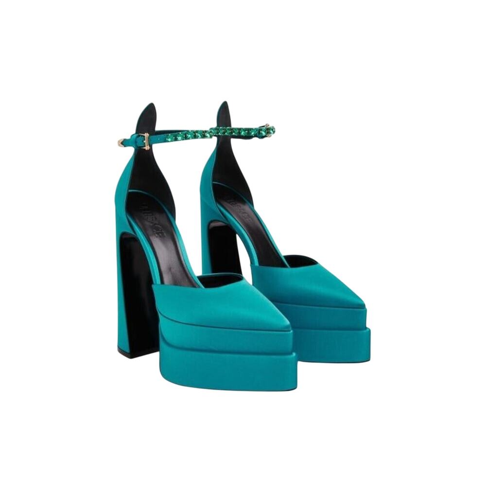 NIB Versace Aevitas 38.5 US 8.5 Pointed Platform Teal Blue Satin Crystal Pumps